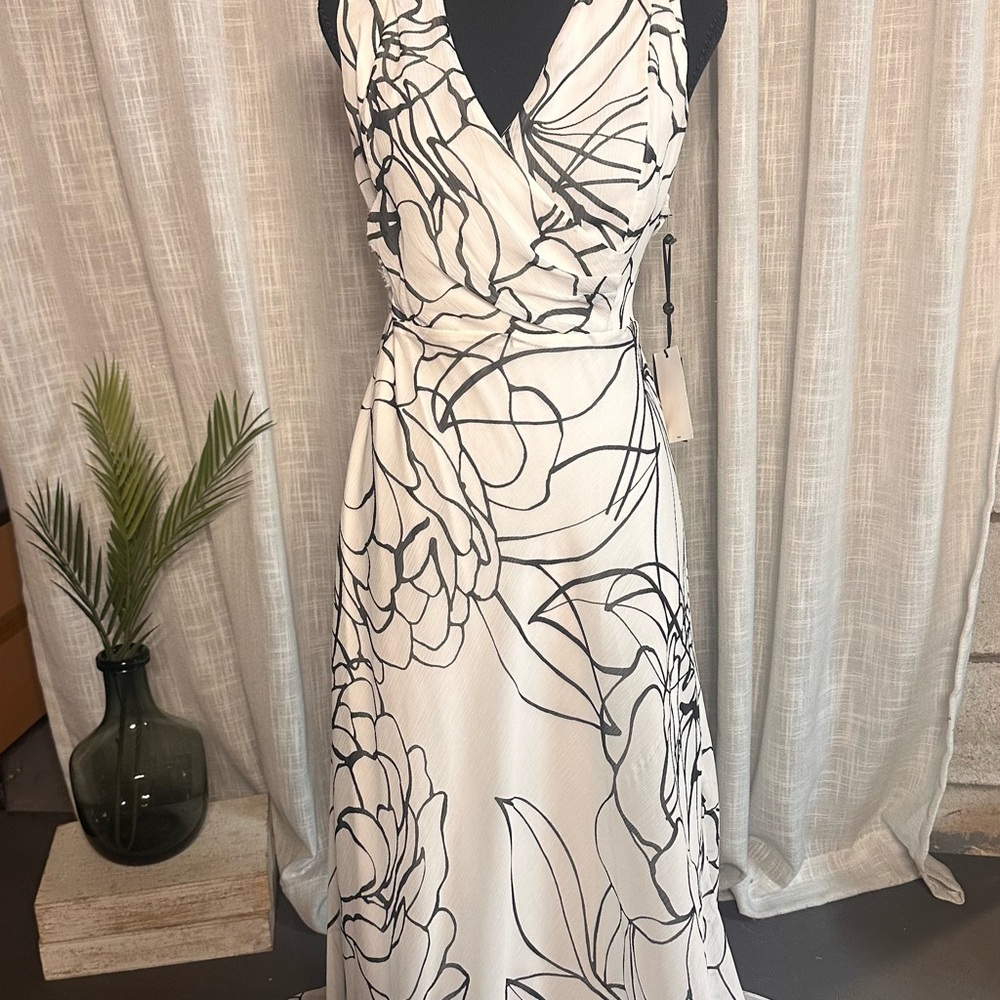 DKNY White Maxi Wrap Dress with Black Floral Line Art